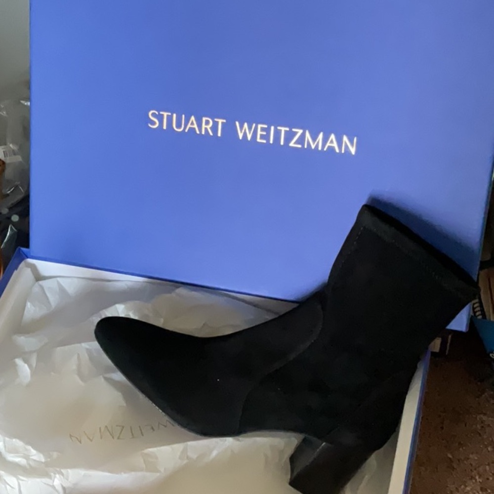 Brand New. Stuart Weitzman Black Heeled Boots Sleek Design